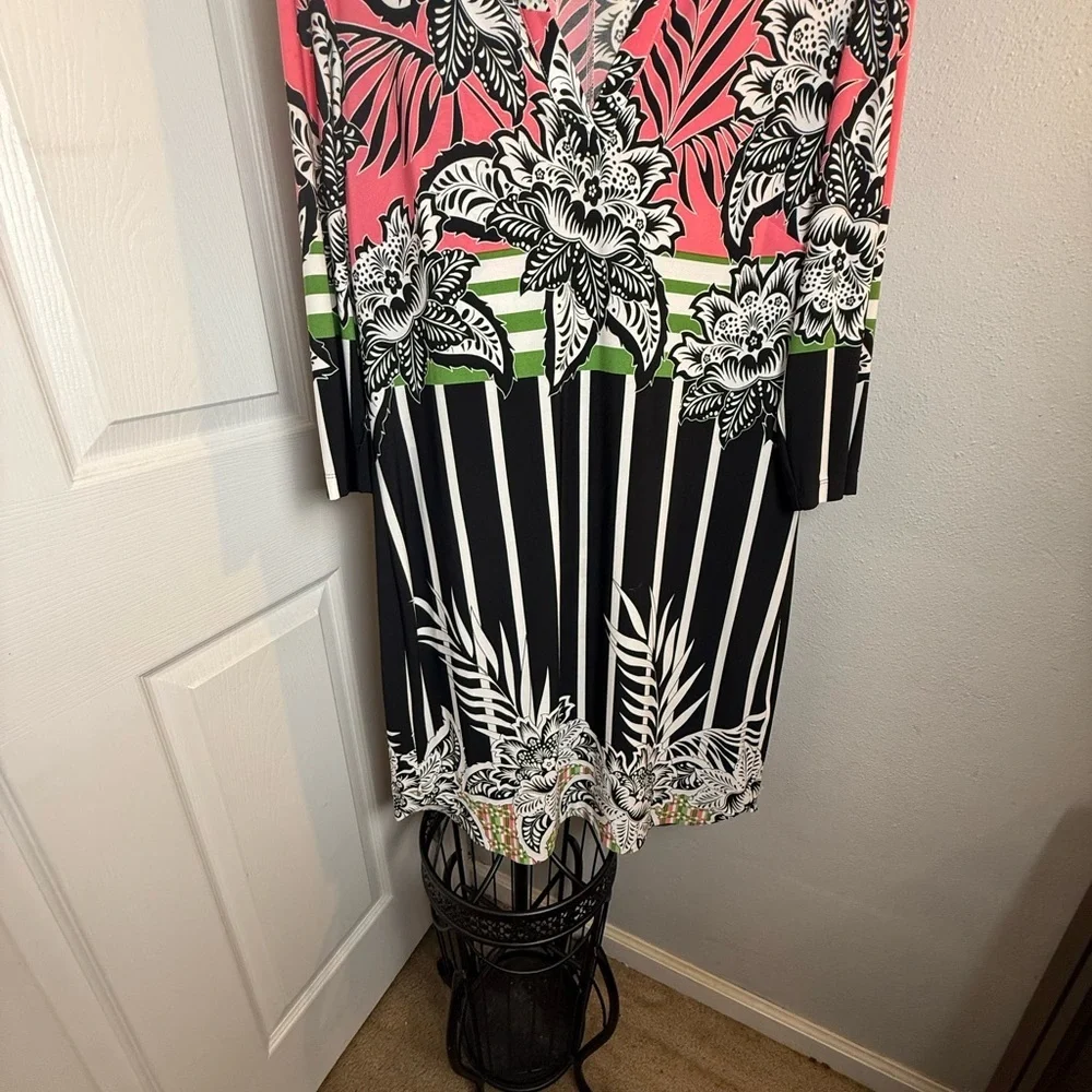 Donna Morgan Floral Print Midi Dress - Pink, Green, Black - Picture 8 of 9